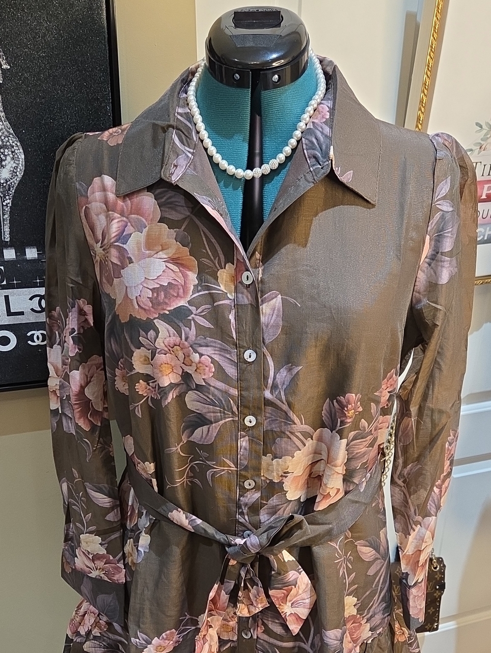 Nwt L,M Lucky&Coco Floral Tie-Waist Shirt Dress - Brown with Pink Blooms - Picture 14 of 16